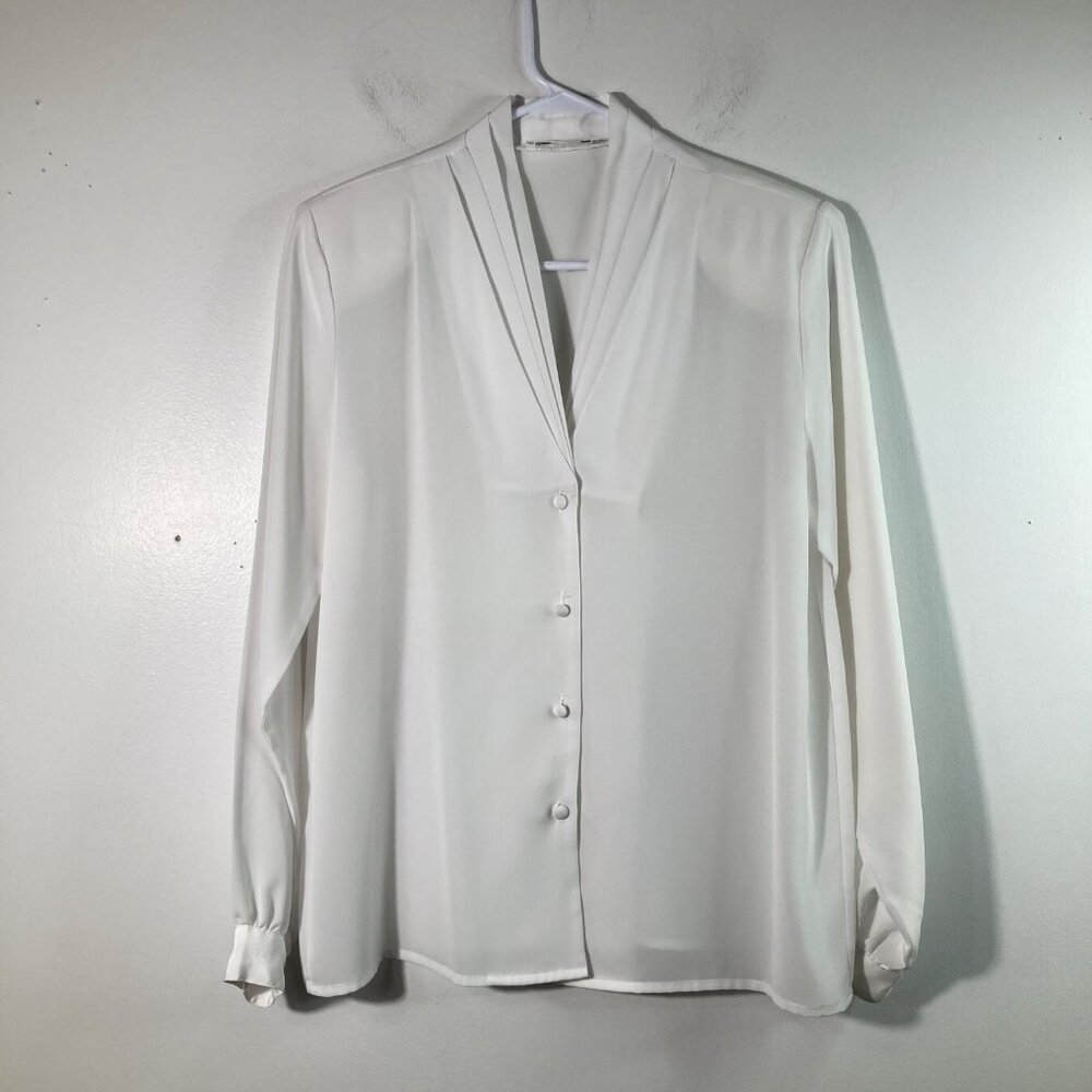 Womens Vintage Christie & Jill Pleated Collar Button Shirt White V Neck S